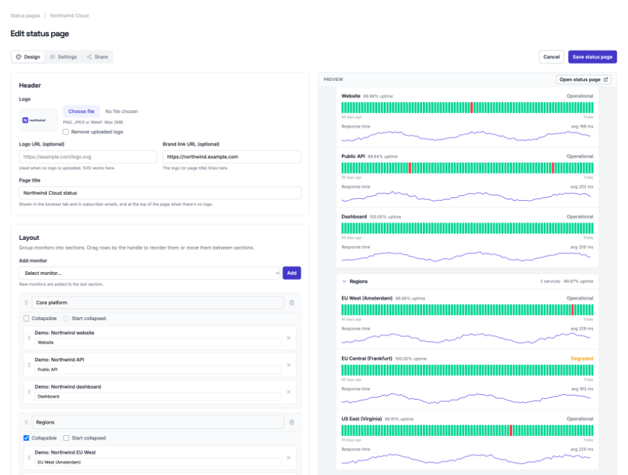 The status page builder: header, layout and live preview on the Design tab